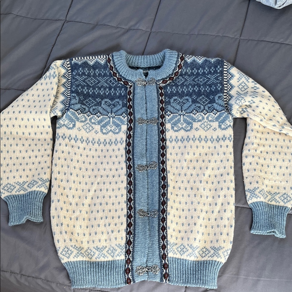 Dale of Norway Light Blue and Cream Traditional Knit Cardigan